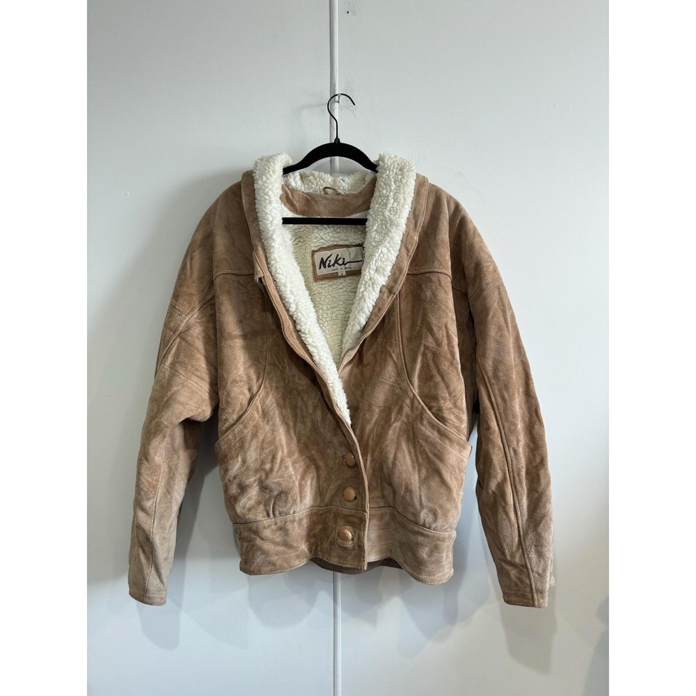 Vintage‎ Niki Jacket Womens Small Beige Suede Faux Shearling Button Oversized